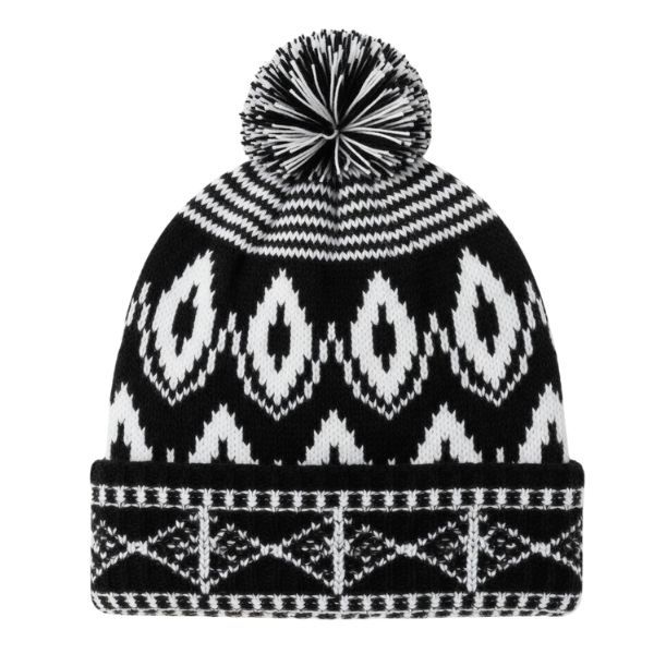 Black &amp; White Geometric Patterned Knitted Beanie with Pom Pom