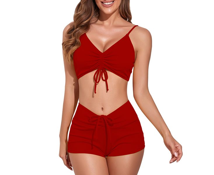 Olive Tree - Ladies 2-Piece V Neck Front Tie String Ribbed Bikini - Red