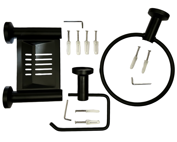 Matte Black Towel Ring, Soap Basket &amp; Toilet Paper Holder Combo