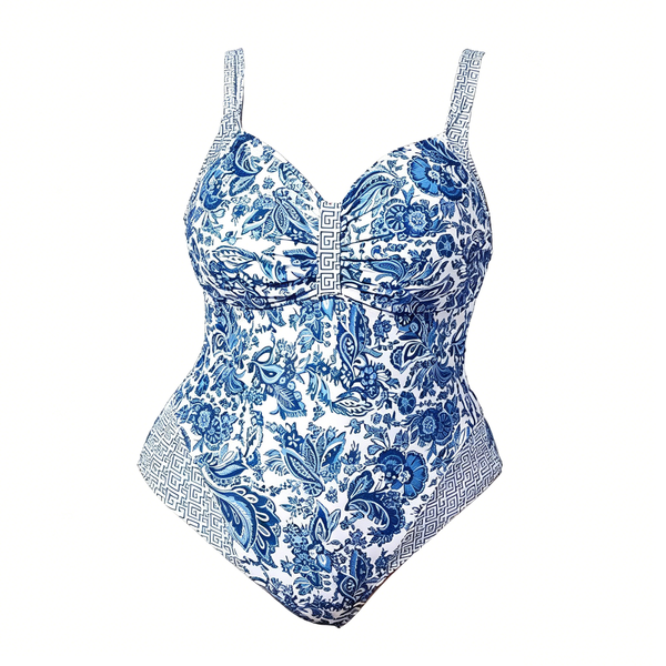 Plus Size Blue Floral Print One-Piece Swimsuit 1XL-5XL