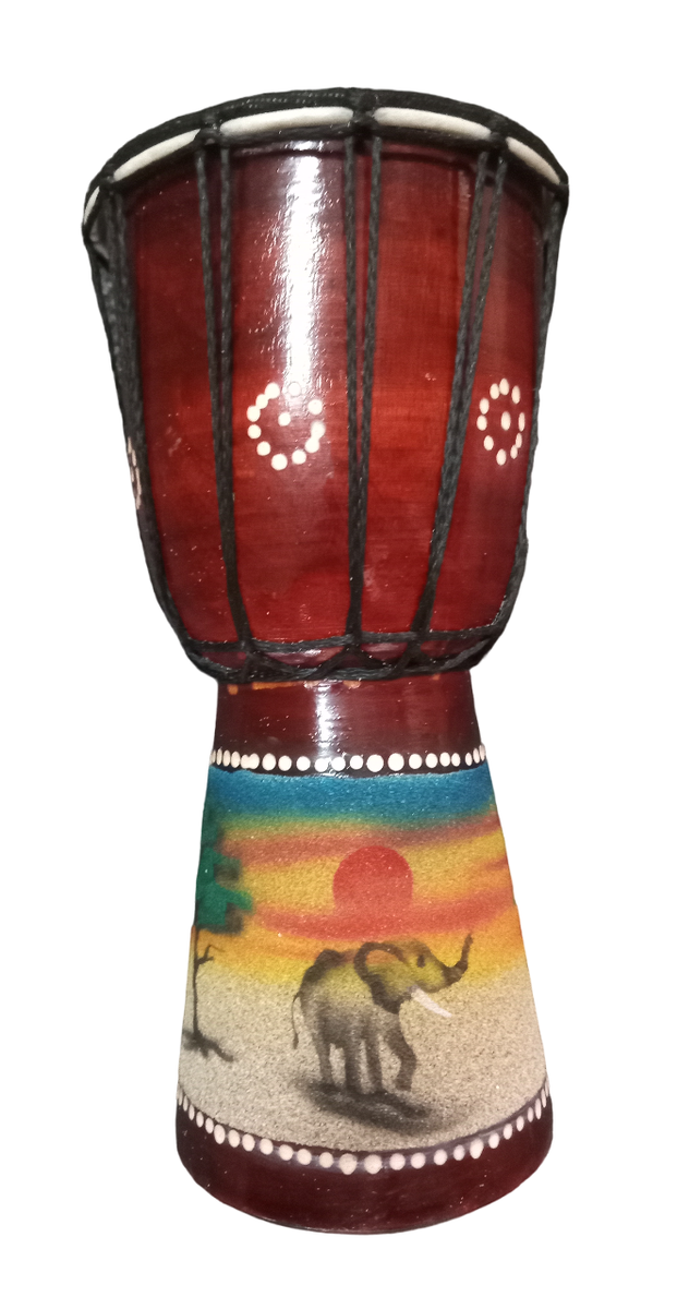 Djembe Drum Colourfull Sand Brushed Elephant Design 30cm x 17cm