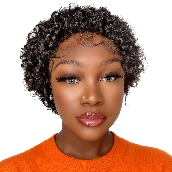 Pixie Cut Lace Front Wig Short Curly Human Hair Glueless Wig Golden Perfect