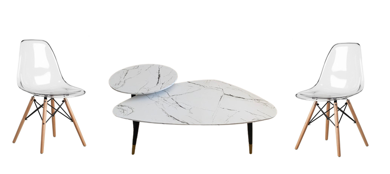 2 x Clear Wooden Leg Chairs Plus Set of 2 Mini Nesting Tray Side Tables