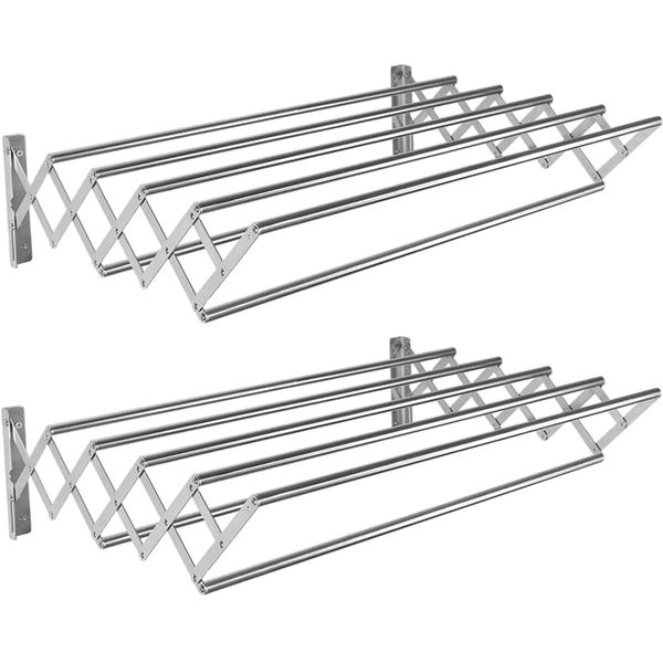 2XFoldable Clothes Airer Wall Mounted Clothes Rail Retractable Towel Holder