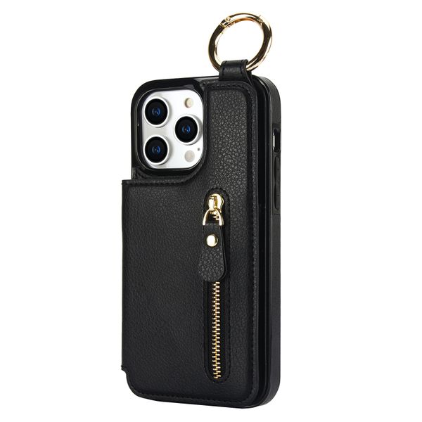 Finger Ring Zipper Leather Phone Case Compatible with iPhone 14 Pro