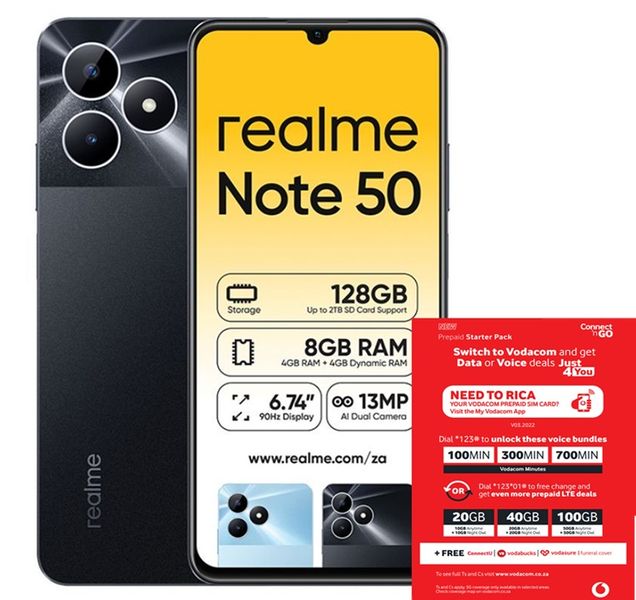Realme Note 50 128GB LTE Dual Sim - Midnight Black + Vodacom SIM Card Pack