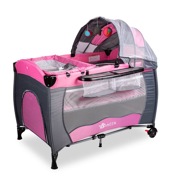 Baneen Baby Cot Crib w/ Diaper Changer, Net, Toys and Game Entrance - Pink