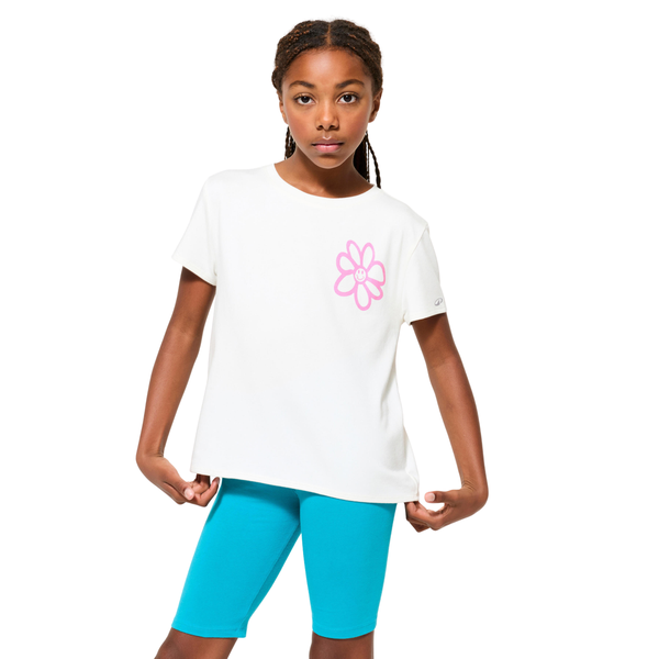 Decathlon Girls White/Print Short Sleeve Floral Loose Cotton T-Shirt