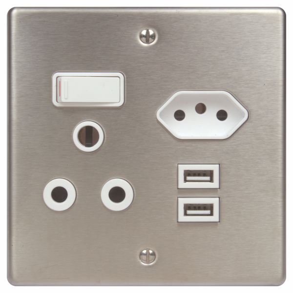 LESCO, 1 x 16A, 1 x IEC, 2 x USB 4x4 Socket Stainless Steel White