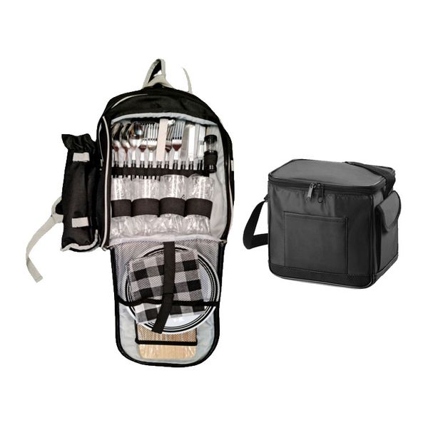 Picnic Bag Backpack with Bottle Holder with 6 Pack Cooler Bag - Black