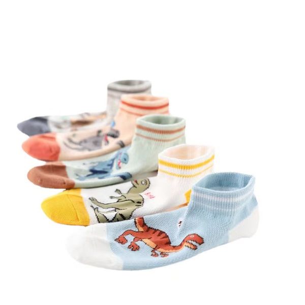 Boys Cotton Ankle Socks, Low Cut Dinosaur Mesh Light Weight Socks - 5 Pack