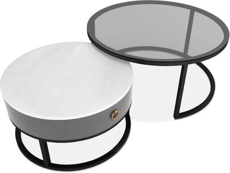 2 Round Nesting Glass &amp; Marble Coffee Table with Storage Drawer