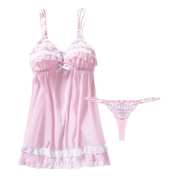 Sultry Romantic Pink Lace Nightgown Set - 2-Piece with G-String Thong