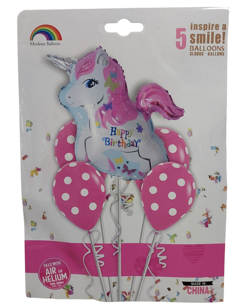 5 Piece Unicorn Balloons - 4 Polka Dots and 1 Unicorn Foil