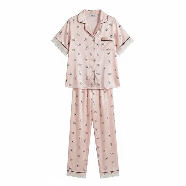 Blush Bow Print Silky Button-Up Pajama Set with Lace Trim - Champagne