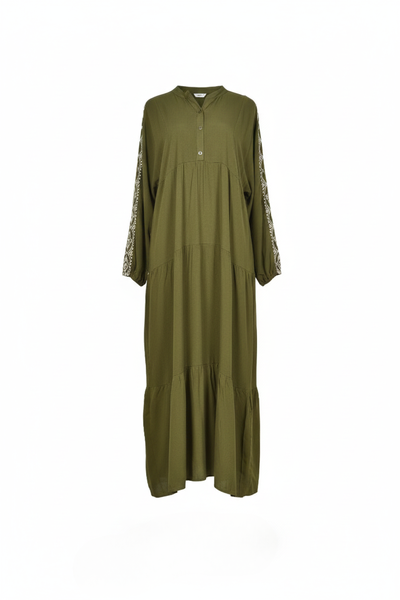 Embroidered Sleeve Button Down Modest Olive Viscose Cotton Dress