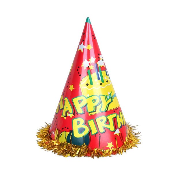 Happy Birthday Party Cone Hat with Gold Tinsel Trim (10 Pack)