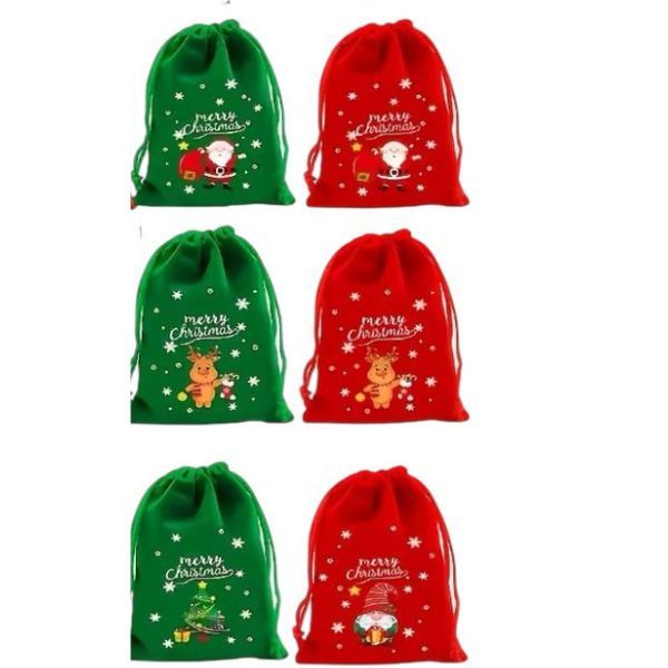 Set of 6 Cute Red and Green Christmas Gift Bags with Drawstring