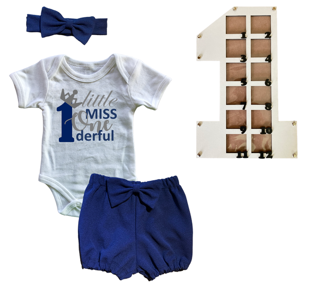 First Birthday Outfit-Bubble shorts &amp; Photo Frame- Navy-One'der Grey