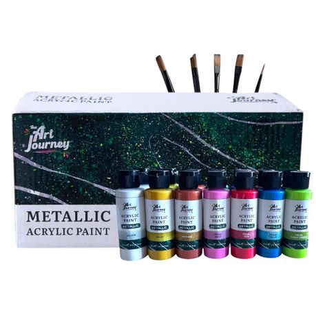 The Art Journey Metallic Acrylic Paint Set - 14 Colours 60ml and 5 Brushes Image