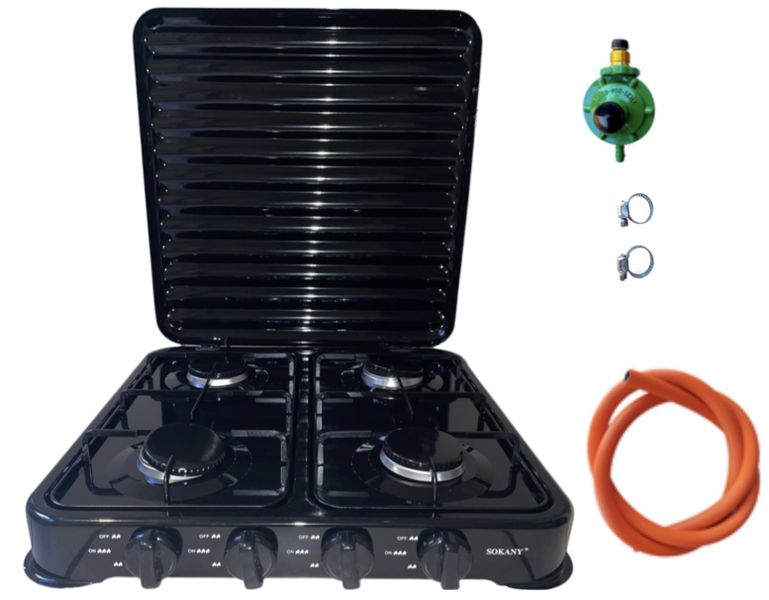 Sokany - 4 Plate Gas Stove with Cover + Regulator Set