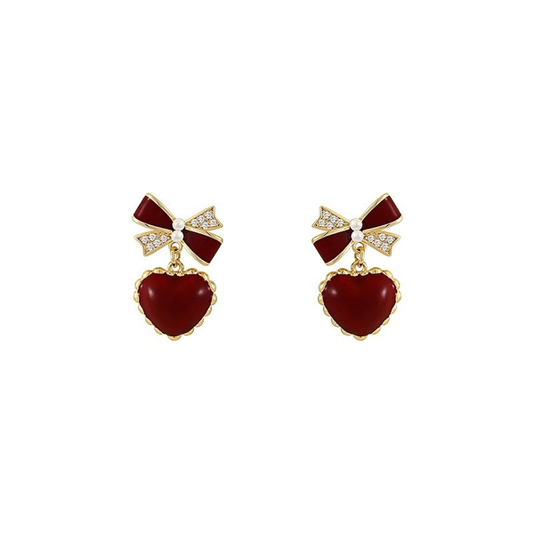Gold Plated Red Heart Bow Stud Earrings for Women