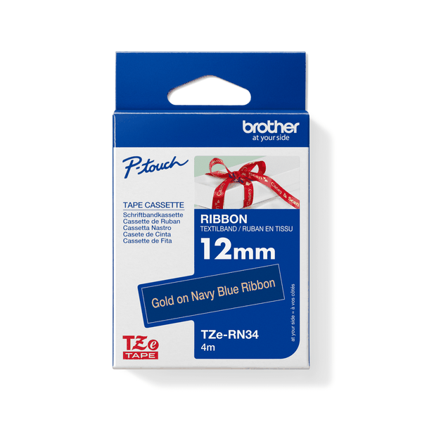 Brother TZe-RN34 Gold on Navy Blue Satin Ribbon Tape 12mm