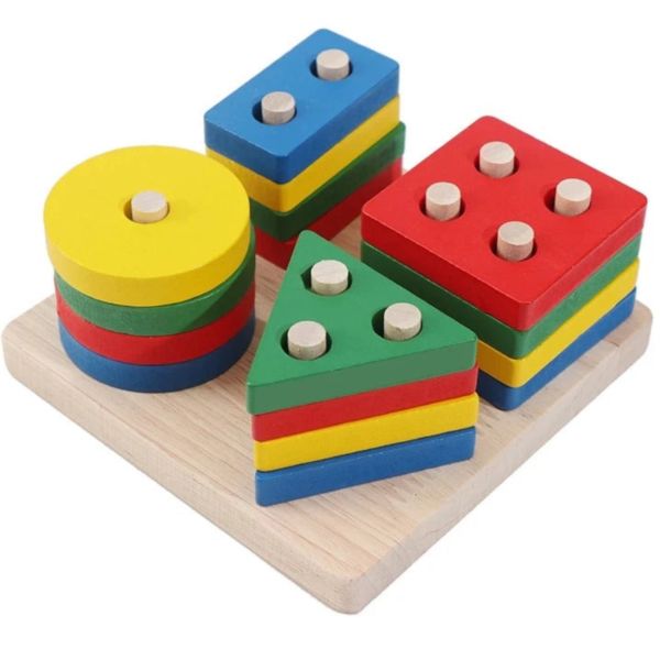 Montessori Wooden Shape Sorting Puzzle - 4-Stack Geometric Toddler Toy