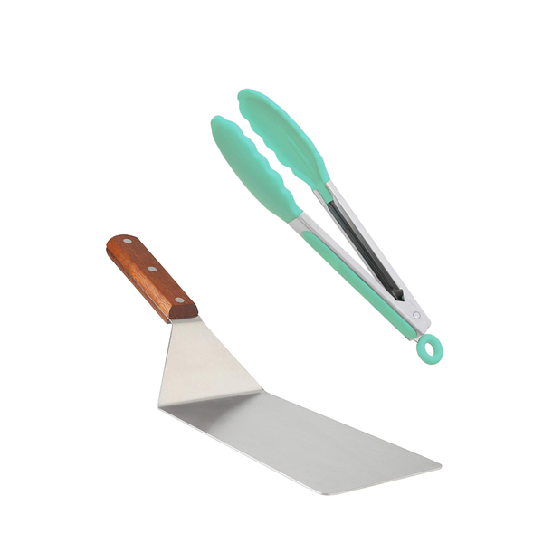 Spatula with Wooden Handle and Silicone Tongs