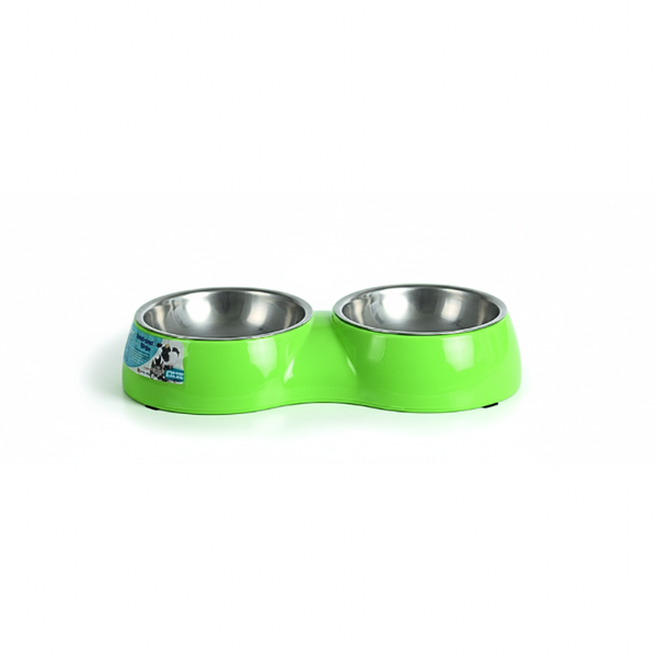 Pet Dog/Cat Bowl PL &amp; S/S 12cm Dbl - Green Feeding Station
