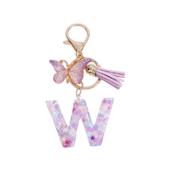 Letter 'W' Keychain With Elegant Butterfly and Tassel Charms- Purple and Gold