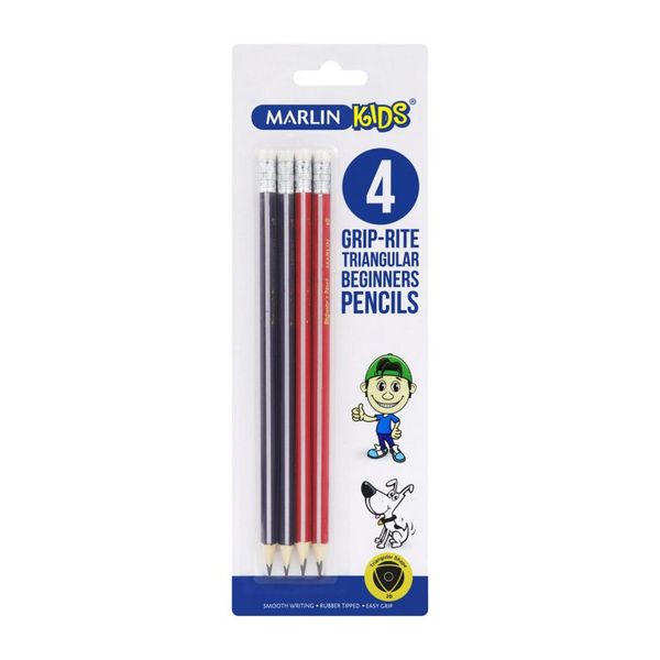 Marlin Kids - Set Of 4, 2B Grip Rite Triangular Pencils