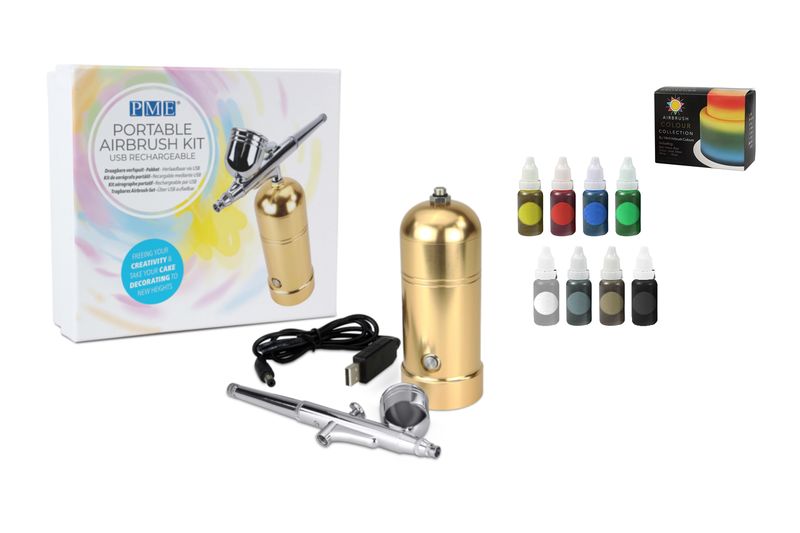 PME Portable Airbrush Spray USB Compressor with Sugarflair 8 x 14ml Colours