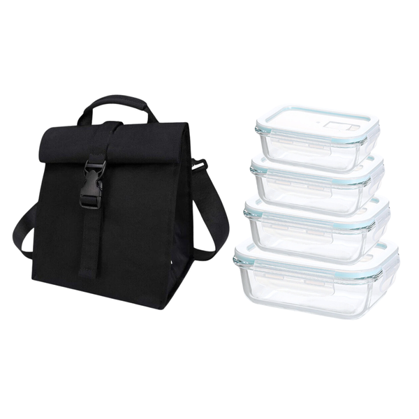 Roll-Up Thermal Lunch Tote with 4-Piece Rectangle Glass Container Set