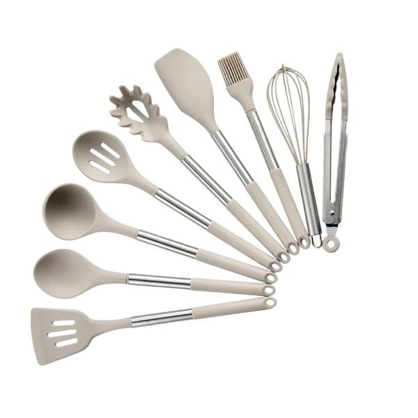 9 Piece Silicone and Stainless Steel Kitchen Utensil Set - Beige