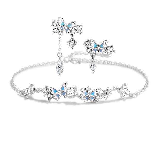Sterling Silver Butterfly Gradient Tassel Zircon Earring Bracelet Set
