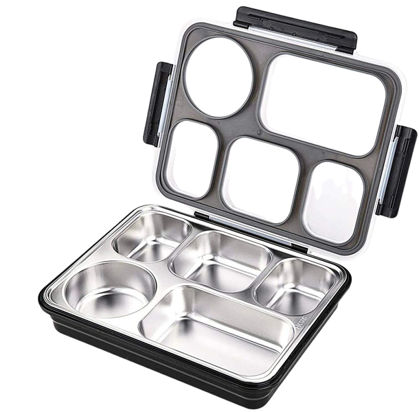 5 Compartment Stainless Steel Large Lunch Box Container - SUS304-Black