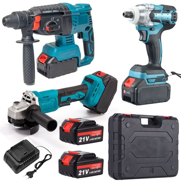 21V Cordless Impact Wrench, Hammer Drill , Grinder with 2 Batteries &amp; Case