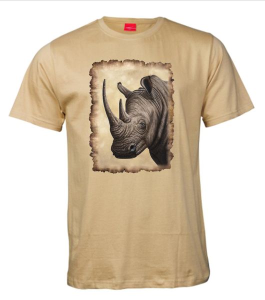 Ithambo Wildlife White Rhino Print Men's Crew Shirt - Olive - 180gm