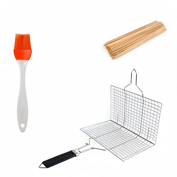 Stainless Steel Braai Grill Basket Set with Brush &amp; Skewers