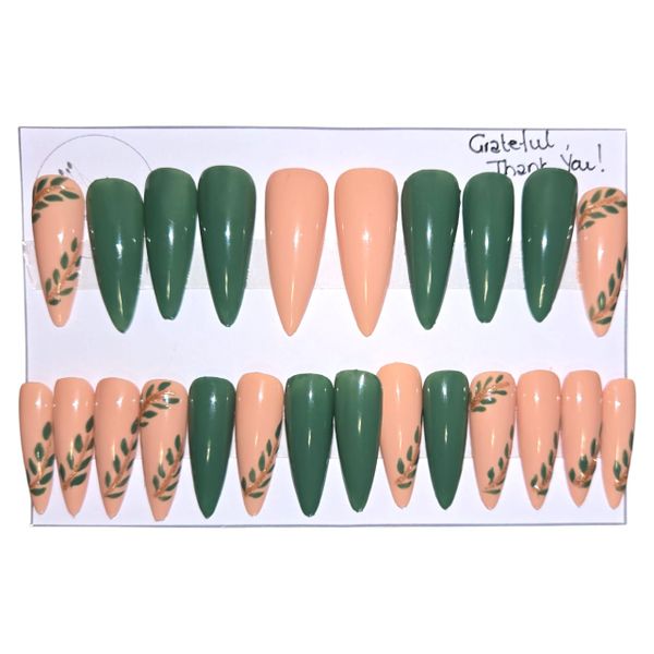 Press on nails - long stilleto shape set - Green 2 color