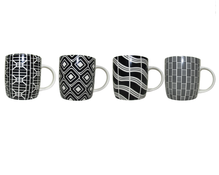 Mugs 4 Piece Set Black and White Pattern - Kitchen Essentials