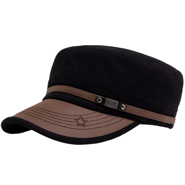 Women's Retro Cotton Flat Cap Leather Brim Sun Hat Adjustable Black