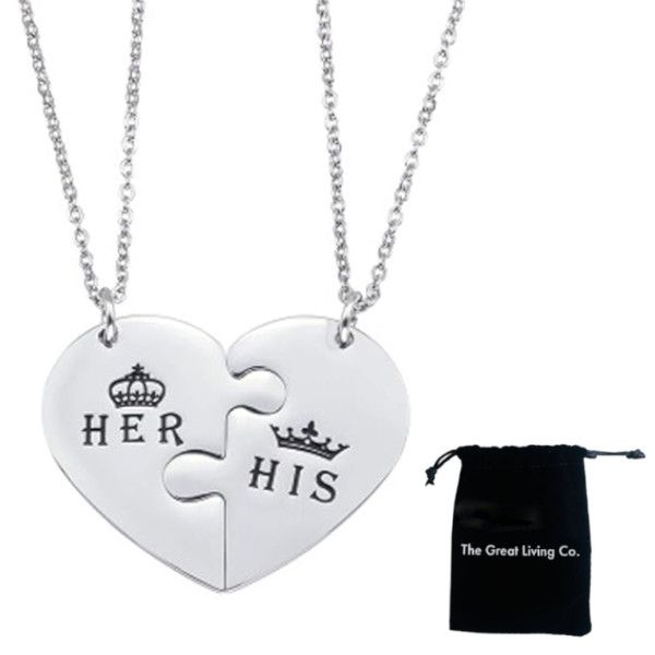 Couples Necklace Set-Matching Heart Puzzle in Lux Bag-Her King His Queen