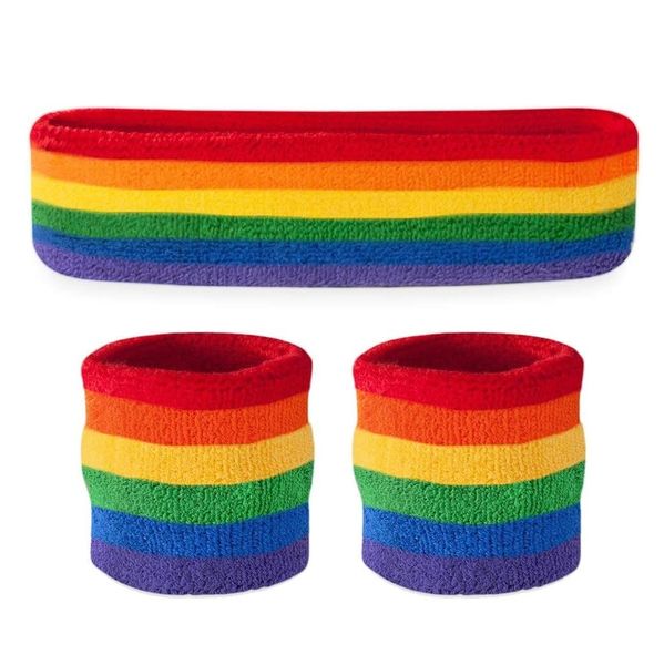 Rainbow Sweatbands Set: 1 Head Band &amp; 2 Wrist Bands