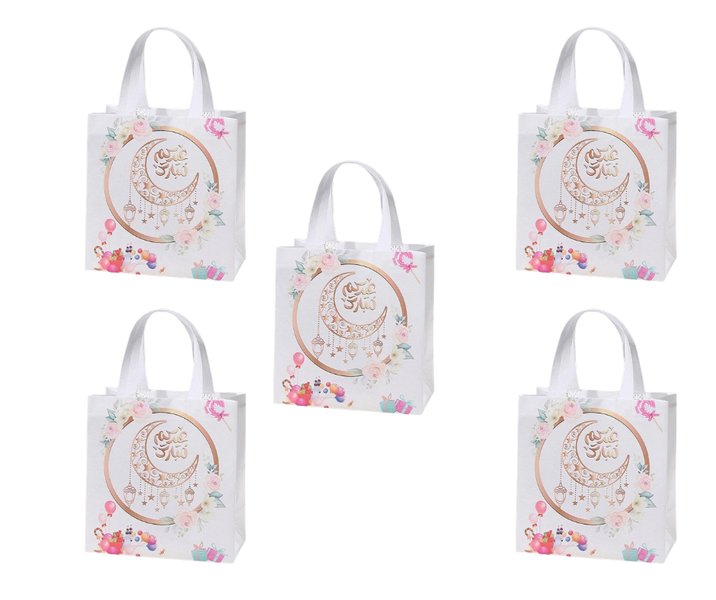 5x Eid Mubarak Non-Woven Cookie Candy Gift Bags with Handles Arabic Print