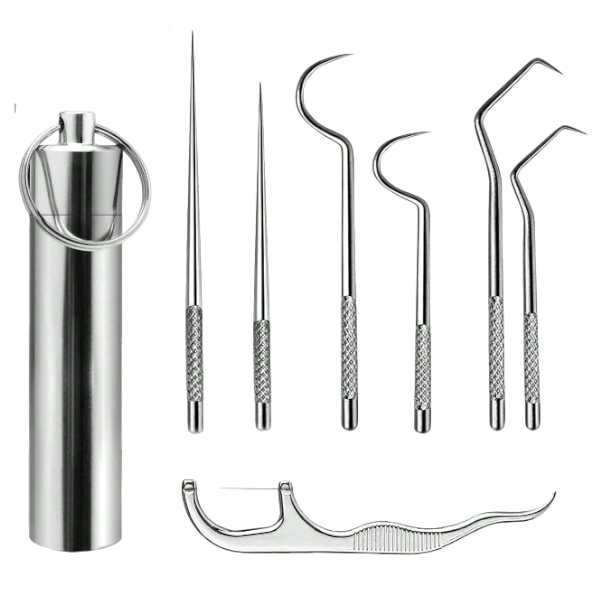 8-Piece Stainless-Steel Dental Tool Set With Keychain Design - Silver