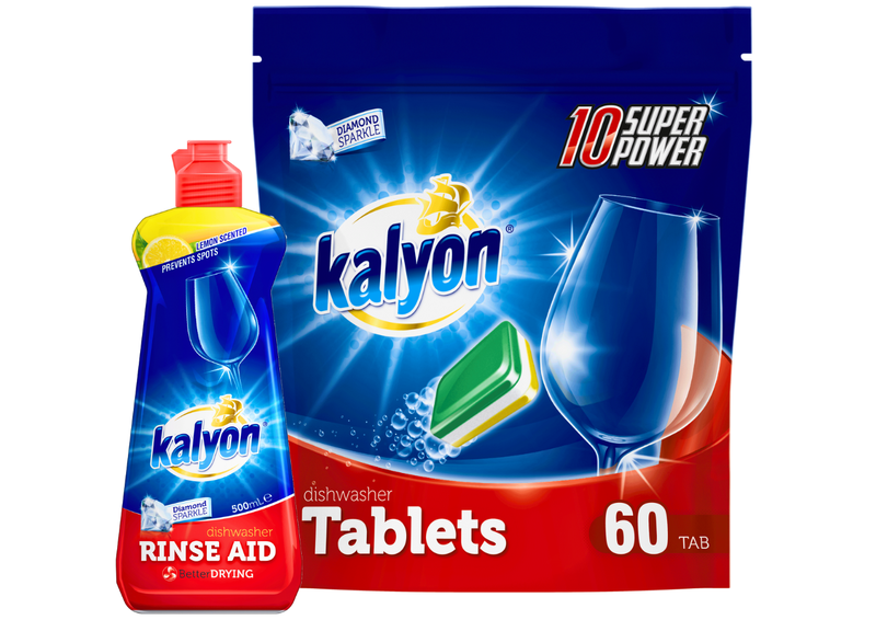Kalyon 60s All in One Auto Dishwashing Tablets, 500ml Rinse Aid, Value Pack