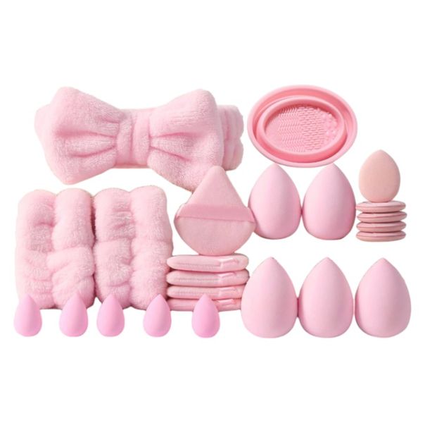24 Piece Makeup Application Tools With Plush Headband &amp; Wristbands - Pink