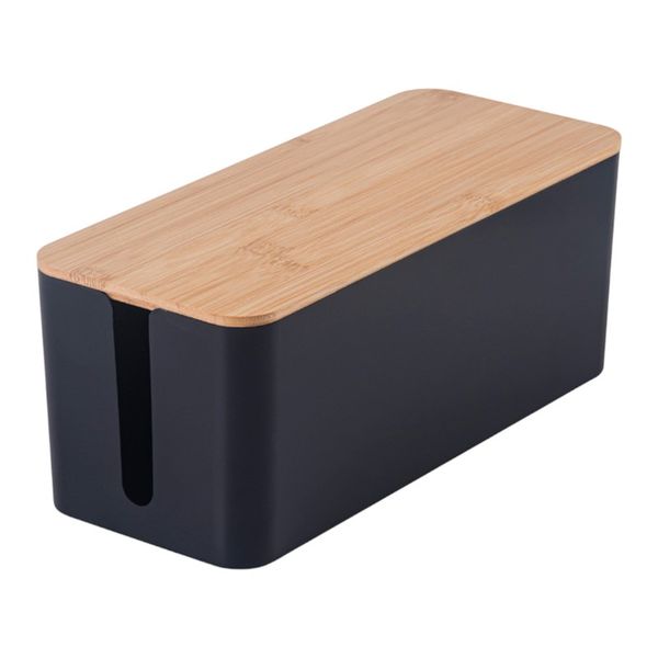 Large Bamboo Cover Cable Management Storage Box - Black